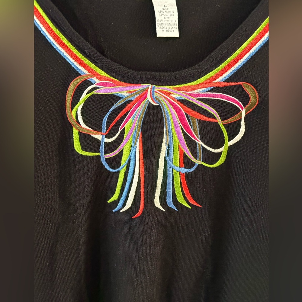 Victor Costa Women Sweater Large Black Multi Colored Ribbon Bow Neckline Accent